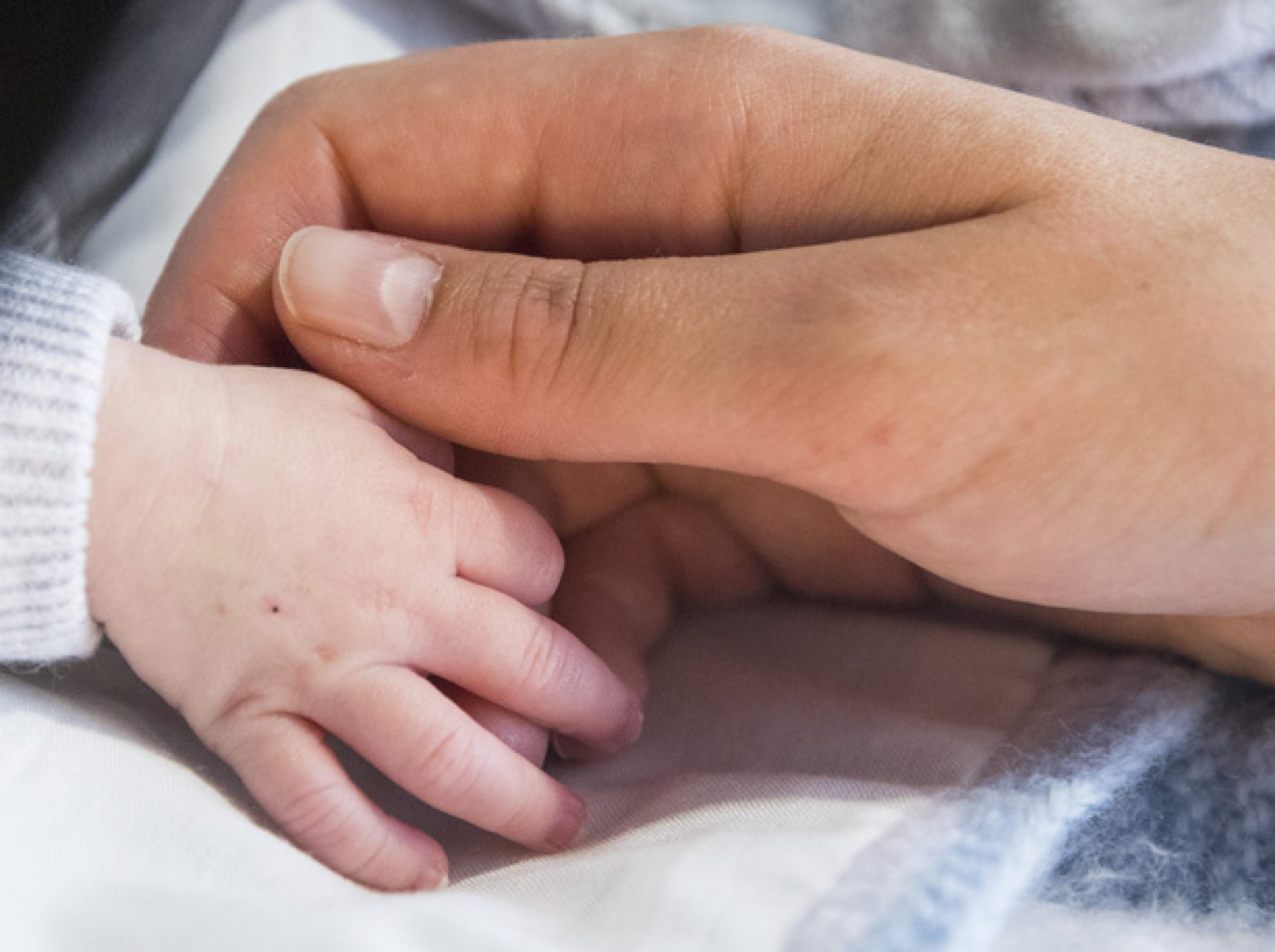 Gros plan sur les mains d'un parent et de son enfant, à la maison Ronald McDonald de Grenoble.